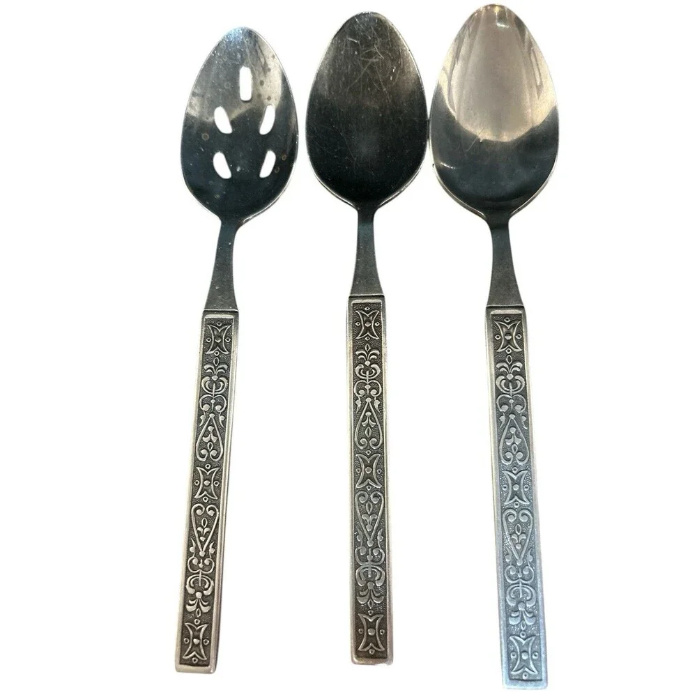 Orleans Stainless Steel Flatware Pattern ORL59 Scrolls Black Accent Vtg 34 Piece